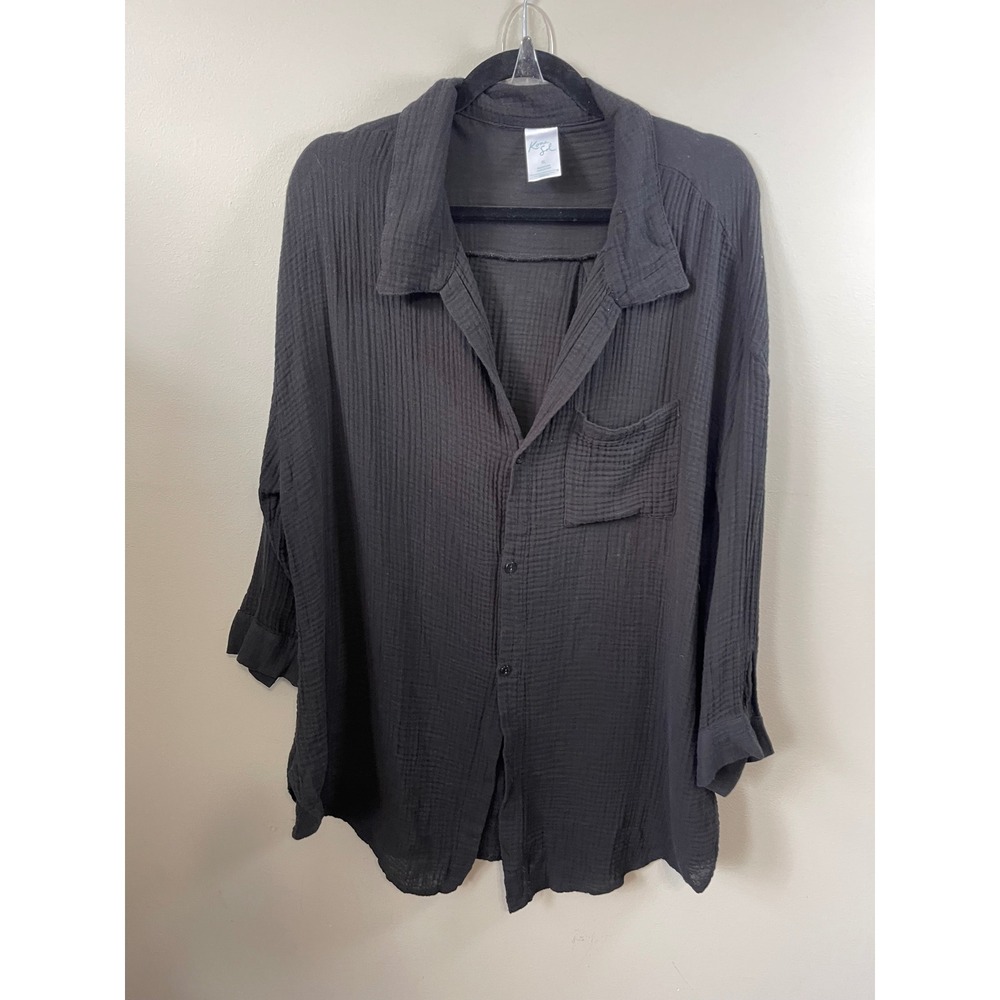Kona Sol Women Black Cotton Gauze Button Down Swim Cover Up Shirt XL crinkle